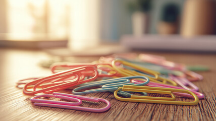 Colorful Paperclips Spilling Across Wooden Desk Vibrant Stationery for Office