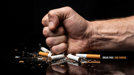 Powerful fist crushing cigarettes on a black surface to symbolize breaking free from smoking and fighting cancer.
