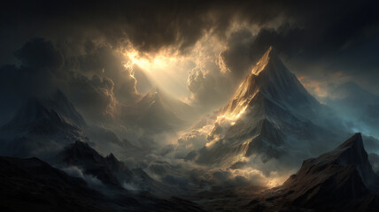 Dramatic Alpine Mountain Peaks Bathed in Golden Sun Rays