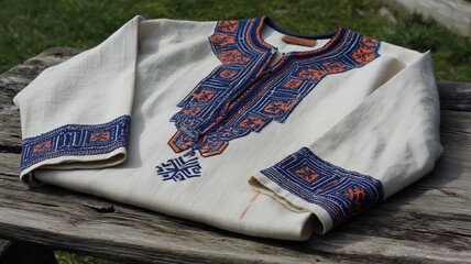 Embroidered Traditional Shirt With Blue Orange Pattern On Linen Fabric