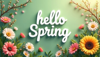 Fresh spring illustration with inscription Hello Spring, flowers on green background. Beautiful pink yellow blossom. Gentle floral arrangement for holiday greeting card design. Natural seasonal