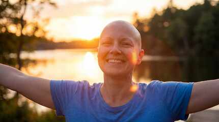 Enthusiastic bald woman celebrating life in nature environment at sunset after cancer recovery, survivor and cancer fighter.