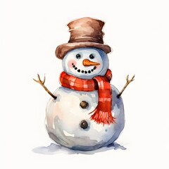Watercolor snowman with hat and scarf stands against a white background