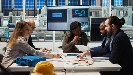 Industrial plant management looking over paperwork and schematics. Factory executives meet with investors to discuss integration of automation technology in production, camera A