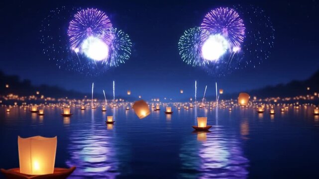 Floating Lanterns And Fireworks Over Calm Water At Night With Distant Lights And Dark Trees On Horizon Beautiful Festive Celebration Scene