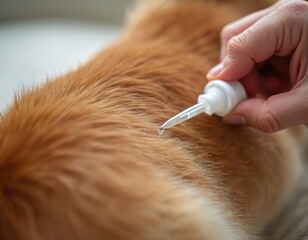 Person applies flea and tick treatment liquid to pet fur using pipette. Close view of animal skin care for parasite control. Dog or cat gets spot-on topical medicine drops.