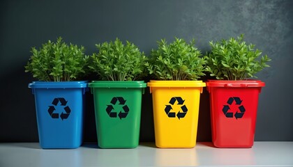 Colorful recycle bins arranged in a row against dark wall. Each bin has recycling symbol. Plants growing out of containers illustrate environment care and eco-friendly approach to waste management.