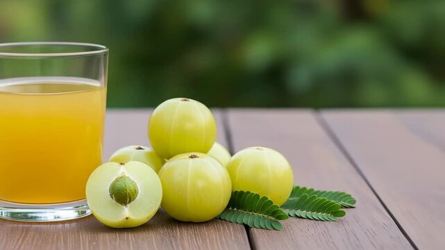 Glass of golden Amla juice with whole and halved Indian gooseberries on a wooden table with a blurred green natural background
