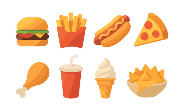 Fast food favorites flat vector illustration: burger, pizza, fries, ice cream