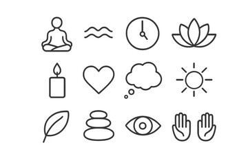 Mindfulness Icon Set. Mindfulness practice. Line icon set of mindfulness practice: person meditating, breath wave, clock, lotus, candle, heart, thought bubble,