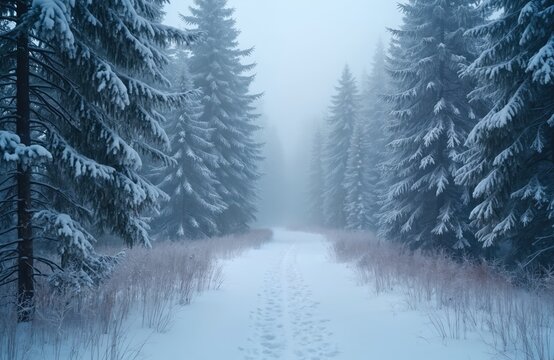 Snowy path leads through winter forest. Fir trees covered with frost on foggy day. Footprints in snow mark walking trail in woods. Mysterious cold scene in quiet, misty park. Scenic nature landscape