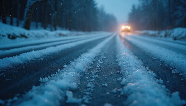 Icy road with snow covered edges. Car headlights shine in distance through snowfall. Dangerous slippery conditions. Winter driving challenges with black ice danger. Requires winter tires usage.