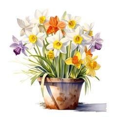 Fototapeta premium Cheerful springtime daffodils blooming in a pot illustration