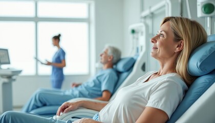 Fototapeta premium Elderly patients rest in modern hospital beds receiving dialysis treatment. A nurse checks on a patient as another woman smiles and looks out window. Clean bright room with medical equipment.