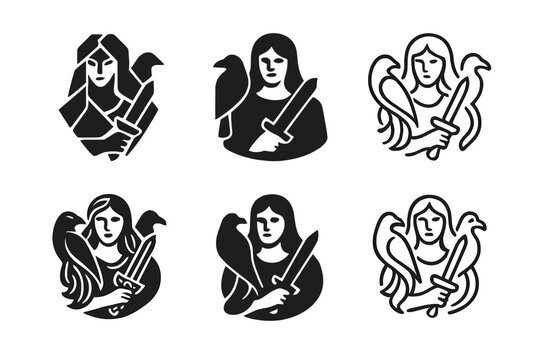 Celtic Gods Logos. celtic gods. Icon set. Set Logo of celtic gods: Morrigan with raven and blade. harmonious logo variations of the same emblematic concept,