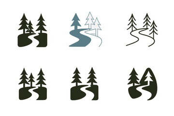 Obraz premium Woodland Stream Icons. woodland stream. Icon set. Set Logo of woodland stream: river winding through pines. harmonious logo variations of the same emblematic