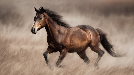 Horse galloping through a grassy field during golden hour
