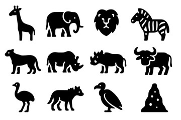 Fototapeta premium Safari Animal Icons. Safari animals. Solid icon set of Safari animals: giraffe, elephant, lion, zebra, cheetah, rhinoceros, warthog, buffalo, ostrich, hyena,