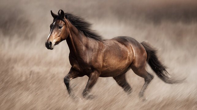 Horse galloping through a grassy field during golden hour