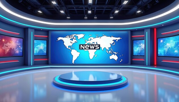 Empty modern news TV studio background features world map main screen with NEWS text. Side screens display global maps. Blue, red lights illuminate virtual set with round podium. Perfect backdrop