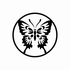 Black and white butterfly illustration inside a circle on a white background