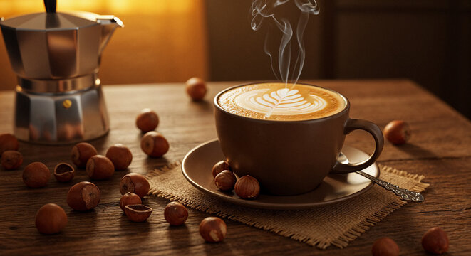 a steaming cup of hazelnut coffee  - Powered by Adobe