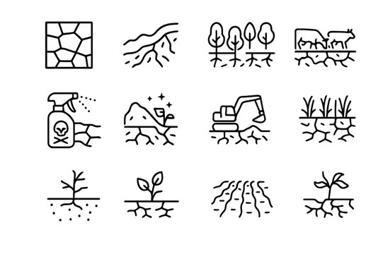 Soil Degradation Icons. Soil degradation. Line icon set of soil degradation: dry cracked soil, erosion symbol, deforestation, overgrazing icon, pesticide