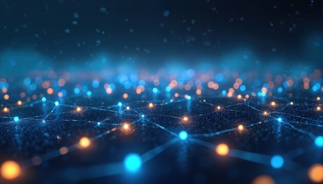 Glowing blue orange dots connect by lines forming digital network. Abstract tech background illustrates data flow, global communication, AI innovation, future, big data, internet, cyberspace.