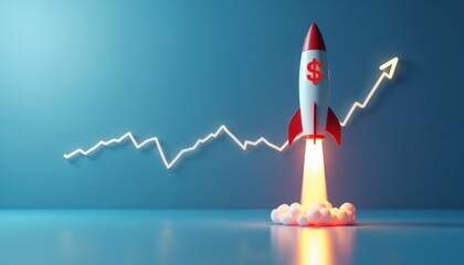 White rocket with dollar sign takes off on blue background. Price chart grows up. Symbol of business startup, boost, investment. Space rocket blasts off into sky. Conceptual stock illustration.