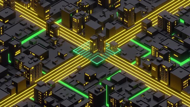 Isometric view of a futuristic smart city with glowing data streams connecting buildings, representing a digital network and big data