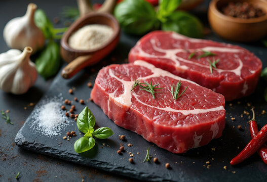 Raw venison steaks on black stone plate with herbs. Deer meat with seasonings and spices. Fresh basil, garlic, salt, pepper and chili peppers nearby. Gourmet food, game recipe.