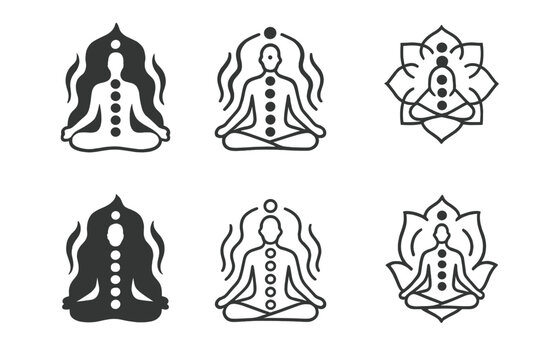 Meditation Energy Flow Icons. person in meditation with energy flow. Icon set. Set Logo of person in meditation with energy flow: aura and chakra alignment