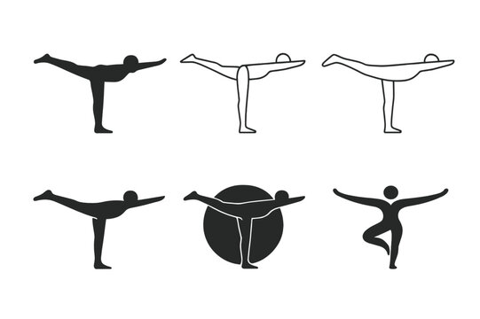 Body Balance Logos. body balance pose. Icon set. Set Logo of body balance pose: warrior III stance silhouette. harmonious logo variations of the same