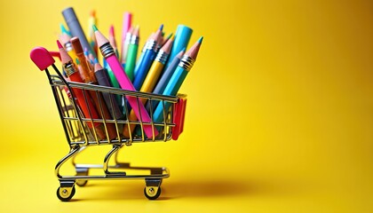 Shopping cart is filled with school supplies on yellow background. Pencils markers and crayons ready for school. Back to school sale concept. Kids stationary in miniature metal trolley.