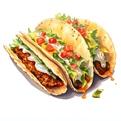 Watercolor painting of three tacos with meat, lettuce, tomatoes and sour cream