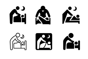 Bedtime Logo Variations. Making the bed for the night. Icon set. Set Logo of making the bed for the night: person tucking in sheets. harmonious logo variations
