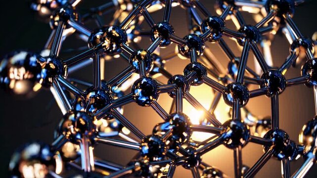 Shiny metallic spheres are intricately connected by thin rods, forming a complex structure that captures light beautifully. The radiant glow enhances the striking geometrical patte