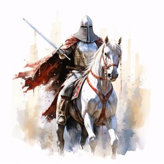 Watercolor painting of knight on horseback with sword, wearing armor and cape