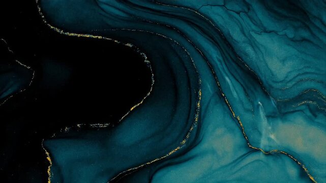 An abstract artwork featuring swirling dark blue and teal hues with golden accents, resembling a fluid design.