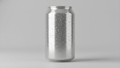 A close-up, high-angle shot of a cold, condensation-covered aluminum beverage can against a neutral gray background.