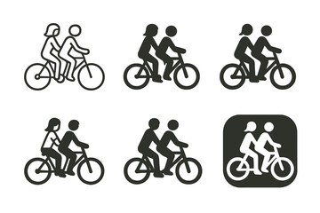 Fototapeta premium Bicycle Couple Logos. Traveling together. Icon set. Set Logo of couple on bicycle. harmonious logo variations of the same emblematic concept (Minimal outline,