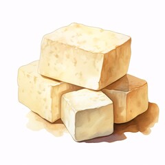 Stack of fresh tofu cubes with watercolor painting effect on a white background