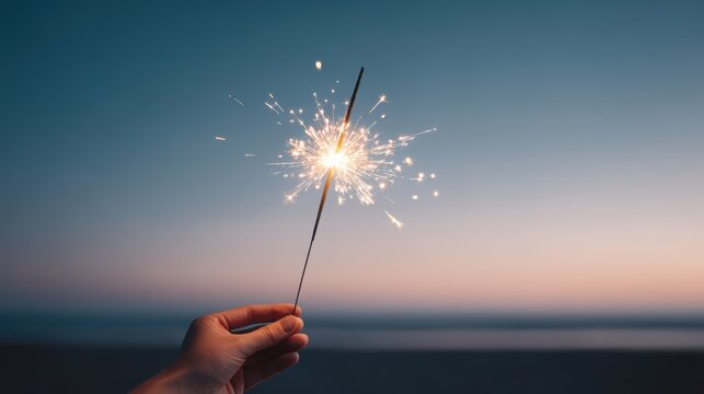 A hand holds a sparkler against a twilight sky, creating a festive atmosphere.