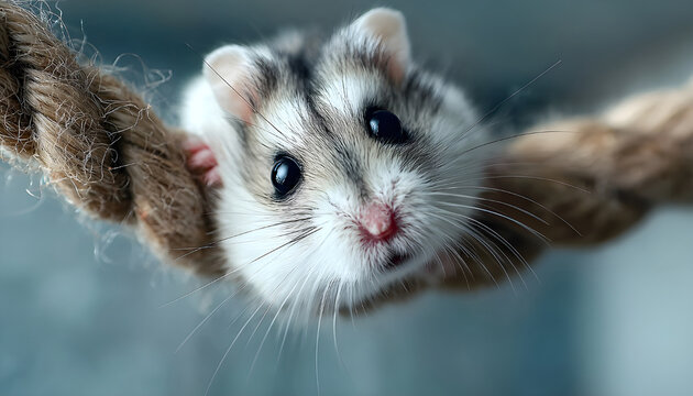 A closeup of a white and gray hamster hanging upside down on a rope. The hamsters fur is predominantly white with gray stripes, and its eyes are black with a hint of pink