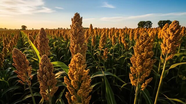 Golden Sorghum Field at Sunset With Rows of Crops Stretching to the Horizon Under a Blue Sky With Wispy Clouds