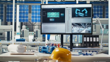 Display in empty photovoltaics factory monitoring system performance. Monitor in sustainable solar...