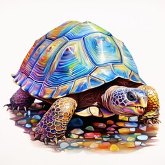 Naklejka premium Colorful tortoise with a vibrant shell stands on a rocky surface