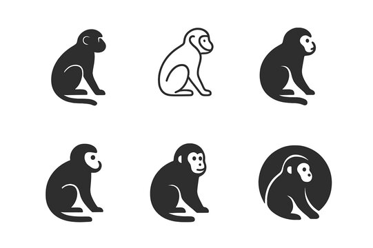 Capuchin Monkey Logos. Rainforest animals. Icon set. Set Logo of capuchin monkey. harmonious logo variations of the same emblematic concept (Filled silhouette,