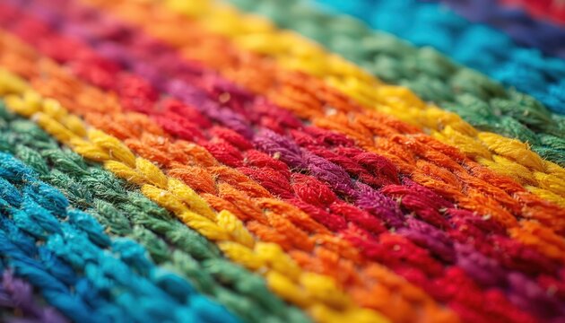 Close up shot shows vibrant rainbow color knitted texture. Macro textile backdrop displays multicolored fabric pattern. Abstract yarn lines create spectrum gradient from blue to red. - Powered by Adobe