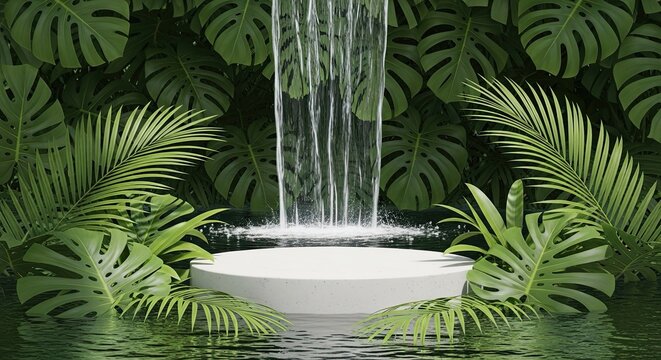 Tropical Paradise Display: Waterfall Cascade with Lush Greenery and a White Podium for Product